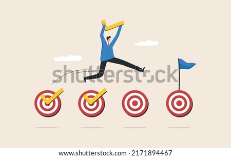 Goals accomplished. Achieving personal or business goals Marketing and other projects. Check and track. Businessman carrying big tick mark to get work done.