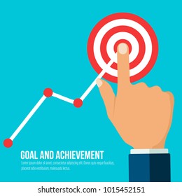 Goals and Achievement concept. Businessman hand point to top of graph over the target. Successful way to setting goal. Business target to increase profit. Vector illustration flat style.