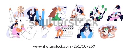 Goals achievement concept set. Determined people rushing to success, personal growth, finance aims. Leadership, ambitions, challenges, business targets. Flat isolated vector illustrations on white