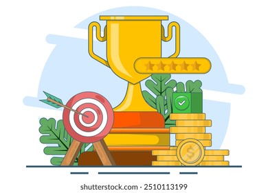 Goals and achievements, Business goals, achievement and success concept. Arrows hit the target with a big cup, target, target center, business plan, problem solving, Flat design vector illustration.