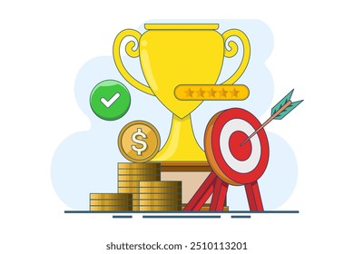 Goals and achievements, Business goals, achievement and success concept. Arrows hit the target with a big cup, target, target center, business plan, problem solving, Flat design vector illustration.