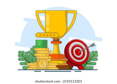 Goals and achievements, Business goals, achievement and success concept. Arrows hit the target with a big cup, target, target center, business plan, problem solving, Flat design vector illustration.