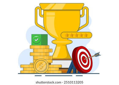 Goals and achievements, Business goals, achievement and success concept. Arrows hit the target with a big cup, target, target center, business plan, problem solving, Flat design vector illustration.