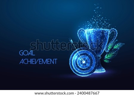 Goals achievment, business accomplishment futuristic concept with target and trophy symbols in glowing low polygonal style on blue background. Modern abstract connection design vector illustration