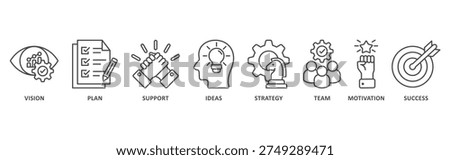Goals banner web icon illustration with icon of vision, plan, support, ideas, strategy, team, motivation, success
