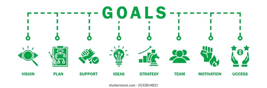 Objetivo banner ícone web vetor ilustração conceito com ícone de visão, plano, apoio, ideias, estratégia, equipe, motivação e sucesso