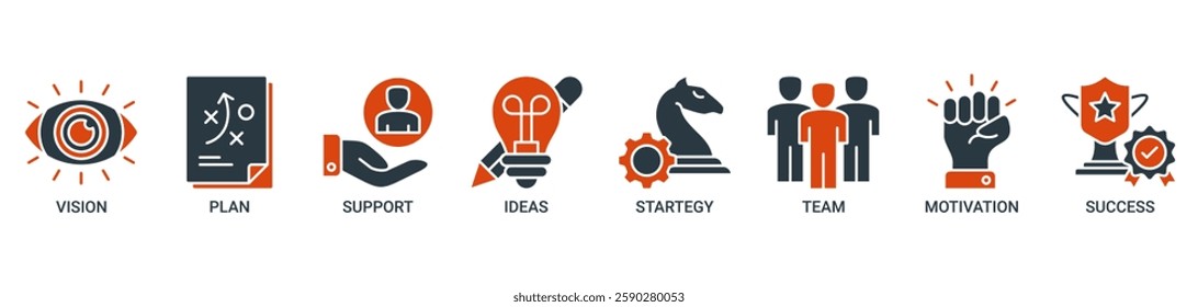 Goals banner web icon vector illustration concept with icon of vision, plan, support, ideas, strategy, team, motivation, and success icons. Outline vector symbol background.