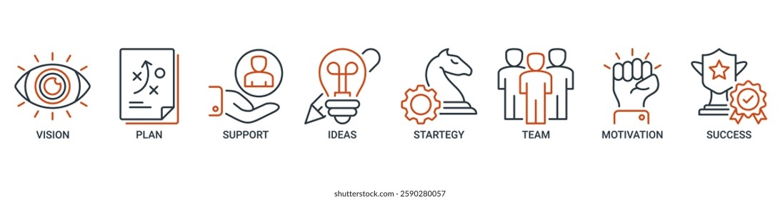 Goals banner web icon vector illustration concept with icon of vision, plan, support, ideas, strategy, team, motivation, and success icons. Outline vector symbol background.