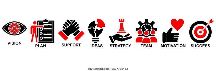 Goals banner web icon vector illustration concept with icon of vision, plan, support, ideas, strategy, team, motivation, and success