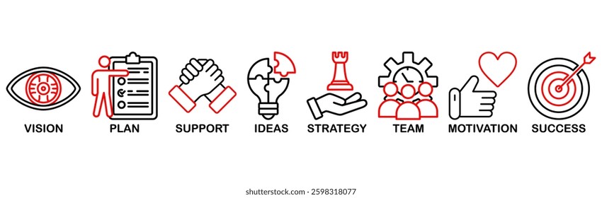 Goals banner web icon vector illustration concept with icon of vision, plan, support, ideas, strategy, team, motivation, and success