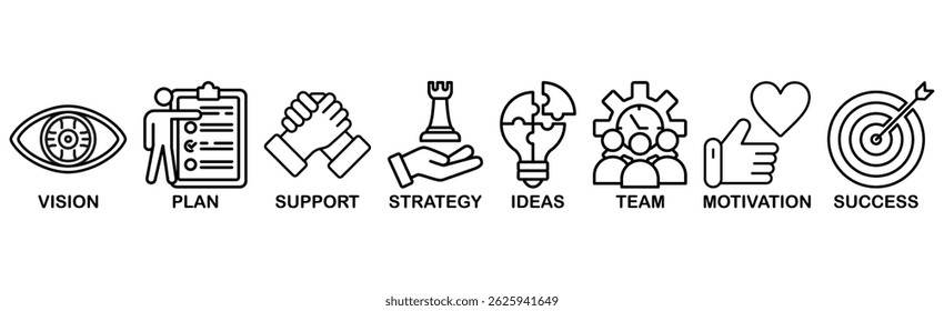 Goals banner web icon vector illustration concept with icon of vision, plan, support, ideas, strategy, team, motivation, and success