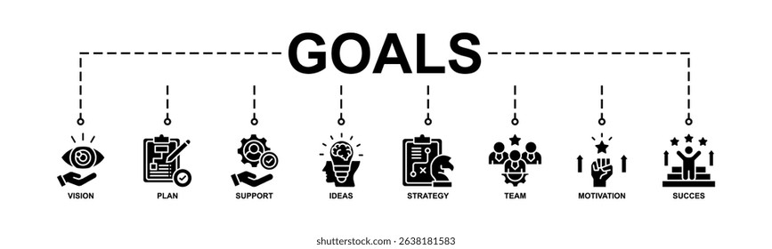 Goals Banner Web Icon Vector Illustration Concept With Icon Of Vision, Plan, Support, Ideas, Strategy, Team, Motivation, Succes. Glyph Style