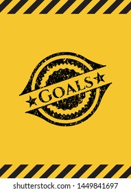Goals black grunge emblem inside yellow warning sign. Vector Illustration. Detailed.