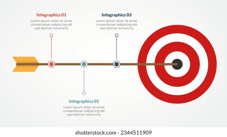 objetivos o concepto de infografía de destino comercial para presentación de diapositivas con flecha y línea de tiempo de flecha larga lista de 3 puntos con estilo plano