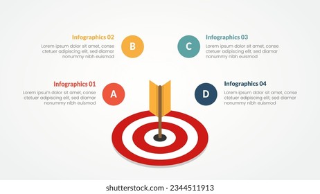 objetivos o concepto de infografía de objetivo empresarial para presentación de diapositivas con dardo isométrico que se extiende 4 puntos de lista con estilo plano