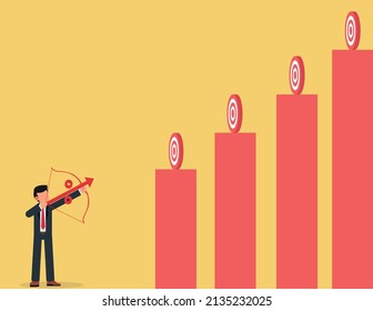 Goals and challenges. businessman holding bow and arrow aiming at targets of different heights held