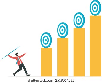 Ziele und Herausforderungen.Geschäftsmann hält einen Speer, der auf Ziele unterschiedlicher Höhe zielt.

