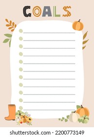 Goals check list. Vector illustration with autumn elements for planner. Cute and trendy.