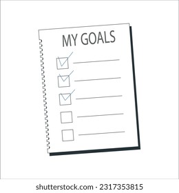 Goals Checklist. Future Goal And Plans. List For Upcoming New Year Making Yearly Planning. Business motivation, inspiration concept. Vector illustration with icons.