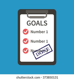Goals checklist. Planning completed task. Flat vector illustration