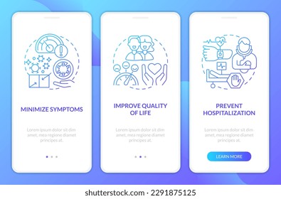 Goals of chronic disease management blue gradient onboarding mobile app screen. Walkthrough 3 steps graphic instructions with linear concepts. UI, UX, GUI template. Myriad Pro-Bold, Regular fonts used