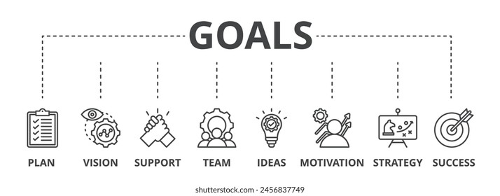 Goals concept icon illustration contain plan, vision, support, team, ideas, motivation, strategy and success.
