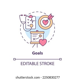 Goals concept icon. Treatment strategy. Chronic disease comprehensive care plan abstract idea thin line illustration. Isolated outline drawing. Editable stroke. Arial, Myriad Pro-Bold fonts used