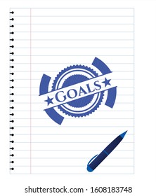 Goals emblem with pen effect. Blue ink. Vector Illustration. Detailed.