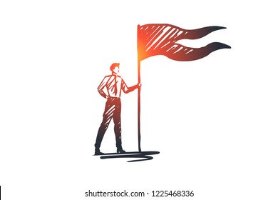 Goals, flag, winner, success, leader concept. Hand drawn successful businessman with winners flag concept sketch. Isolated vector illustration.