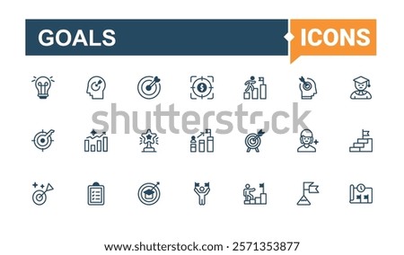 Goals icon set. Containing reward, mark, achievement, money, achieve, target, success and more. Minimal linear icons. Solid line editable stroke.
