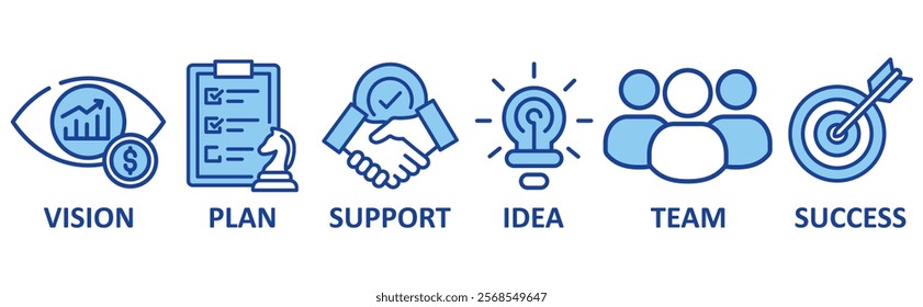 Goals icon set illustration concept with icon of vision,plan,support,idea,team,success