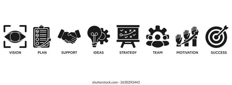 Goals icon set vector illustration concept relate to vision, plan, support, ideas, strategy, team, motivation, and success