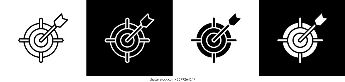 Variaciones de iconos de objetivos en estilo de línea y glifo sobre fondo blanco y negro