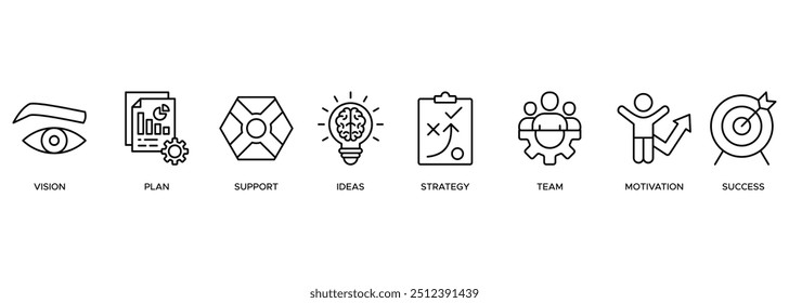 ícone Metas. visão, plano, suporte, ideias, estratégia, equipe, motivação, sucesso