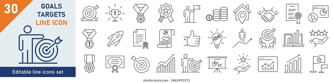 Goals icons Pixel perfect. Goals business icon set. Set of 30 outline icons related to goals, target, success, performance. Linear icon collection. Editable stroke. Vector illustration.