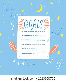 Goals list, blank template, hand drawn style. One paper sheet with cute hand drawn stars and moon decorations, journal page. 