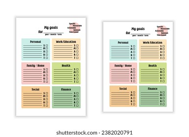 Plantilla de lista de objetivos. Vector página en blanco para escribir resoluciones de Año Nuevo y planes anuales o mensuales. Sistema de objetivos SMART, estrategia de planificación. Proporciones de papel de cartas A4 y US
