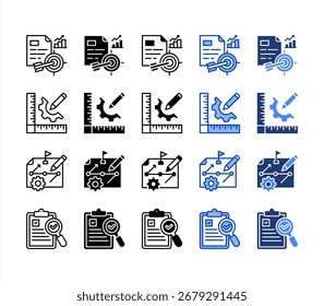 Objetivos, medición, planificación, evaluación, conjunto de iconos de varios estilos.