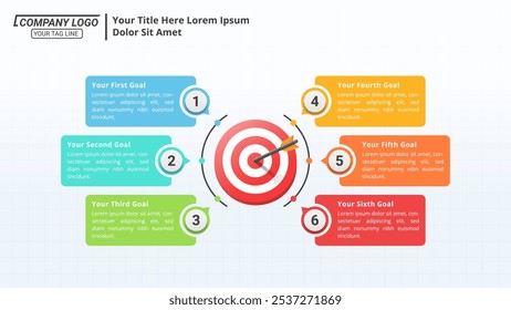 Infografía de objetivos o misión con 6 opciones en una relación de 16: 9 para objetivos de negocio, objetivos y diseño de Sitios web.