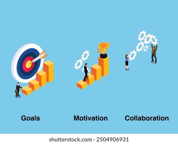 Goals, motivation and collaboration, achievement and coaching, enterprise cooperation, business meeting, smart planning 3d isometric vector illustration