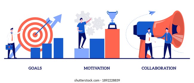 Goals, motivation and collaboration concept with tiny people. Business growth abstract vector illustration set. Achievement and coaching, enterprise cooperation, smart planning metaphor.