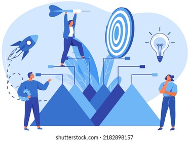 Metas y objetivos, crecimiento empresarial y concepto de plan. Orientación, comercialización de objetivos, concepto de misión empresarial. La gente está planeando una estrategia de negocios exitosa. Creación de un nuevo proyecto creativo, inicio