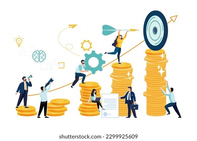 Goals and objectives, business grow and plan concept. Targeting, marketing, business mission concept. People planning strategy for success, leadership. High earnings, cash reward, top of gold coins