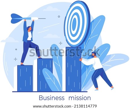 Goals and objectives, business grow and plan concept. Targeting, target marketing, business mission concept. People planning business strategy for success, leadership. Woman throwing dart at target