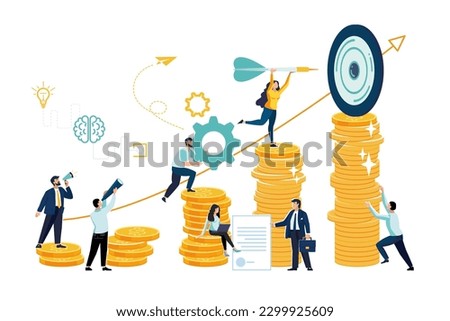Goals and objectives, business grow and plan concept. Targeting, marketing, business mission concept. People planning strategy for success, leadership. High earnings, cash reward, top of gold coins