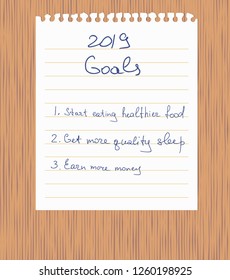 Goals on the 2019 year handwritten on a white ripped out the sheet with lines of a notebook, which is laying on a dark wooden table. Vector illustration. Wood texture