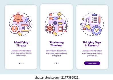 Goals for pandemic preparedness plan onboarding mobile app screen. Walkthrough 3 steps editable graphic instructions with linear concepts. UI, UX, GUI template. Myriad Pro-Bold, Regular fonts used
