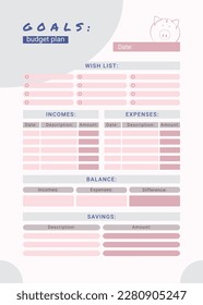 Goals of personal monthly budget planner, vector illustration