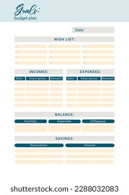 Goals of personal monthly budget planner, vector illustration