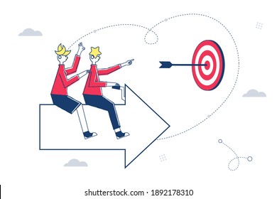 Goals planning and strategy business concept, Vision of young business man and woman look forward and go ahead to goals. cartoon character, Vector illustration for graphic design or background